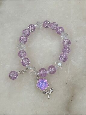 Lilac Beaded Flower Charm Bracelet Handmade Stretch Stackable Jewelry